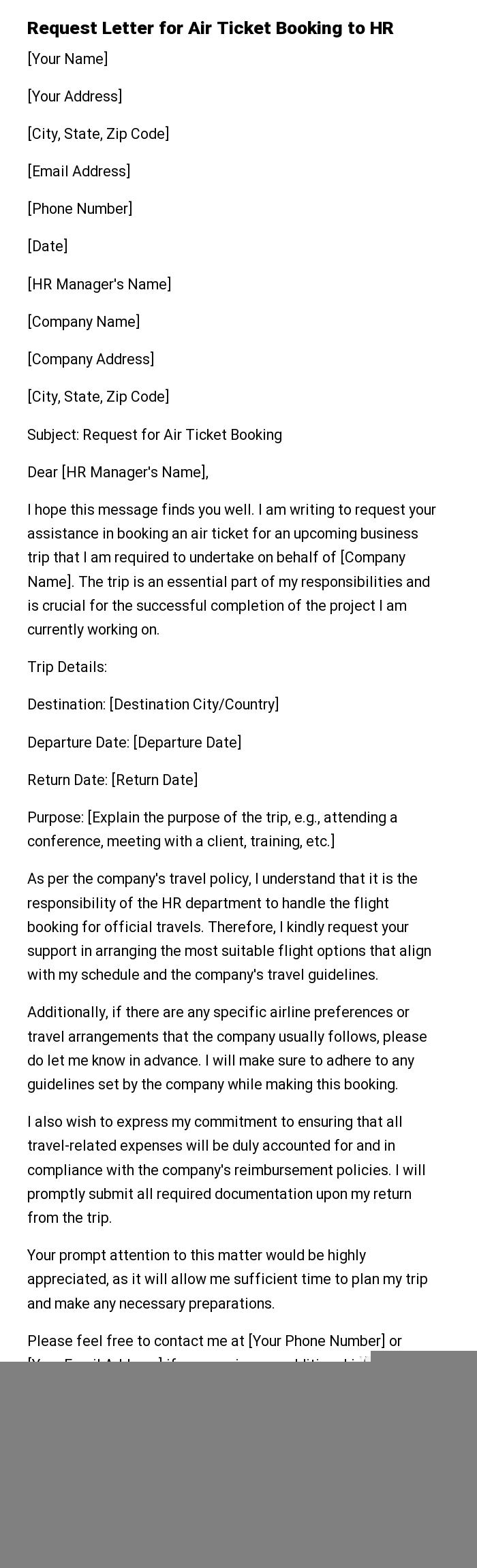 air ticket request letter to hr