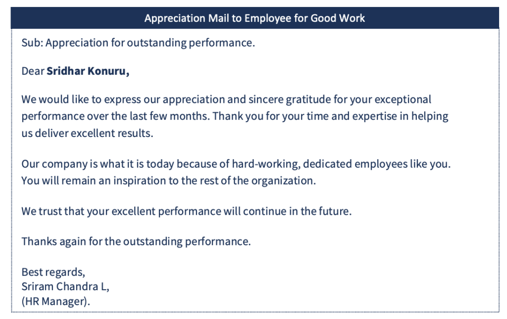 appreciation email for good work