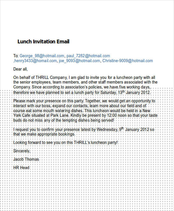 business email for lunch
