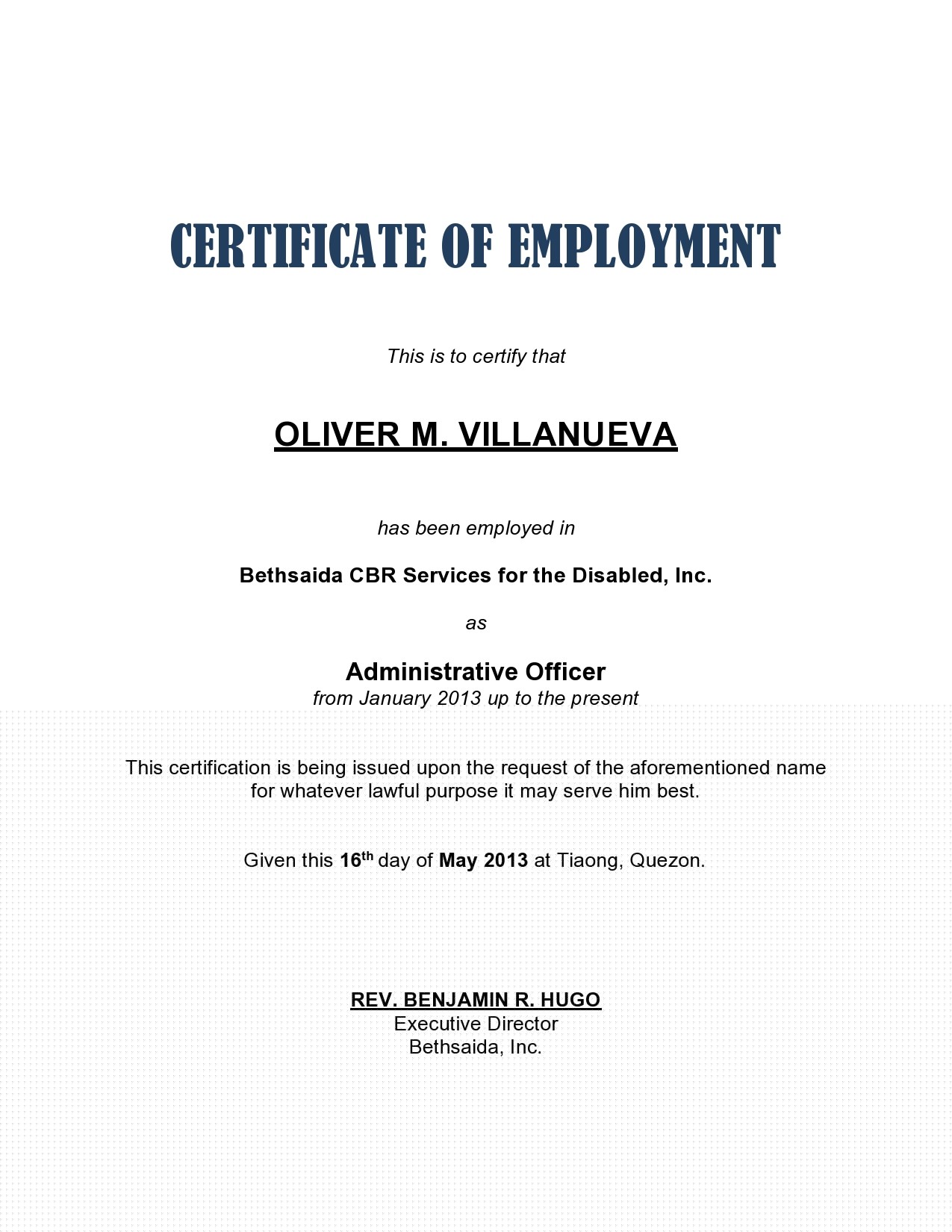 certificate of employment for travel purposes