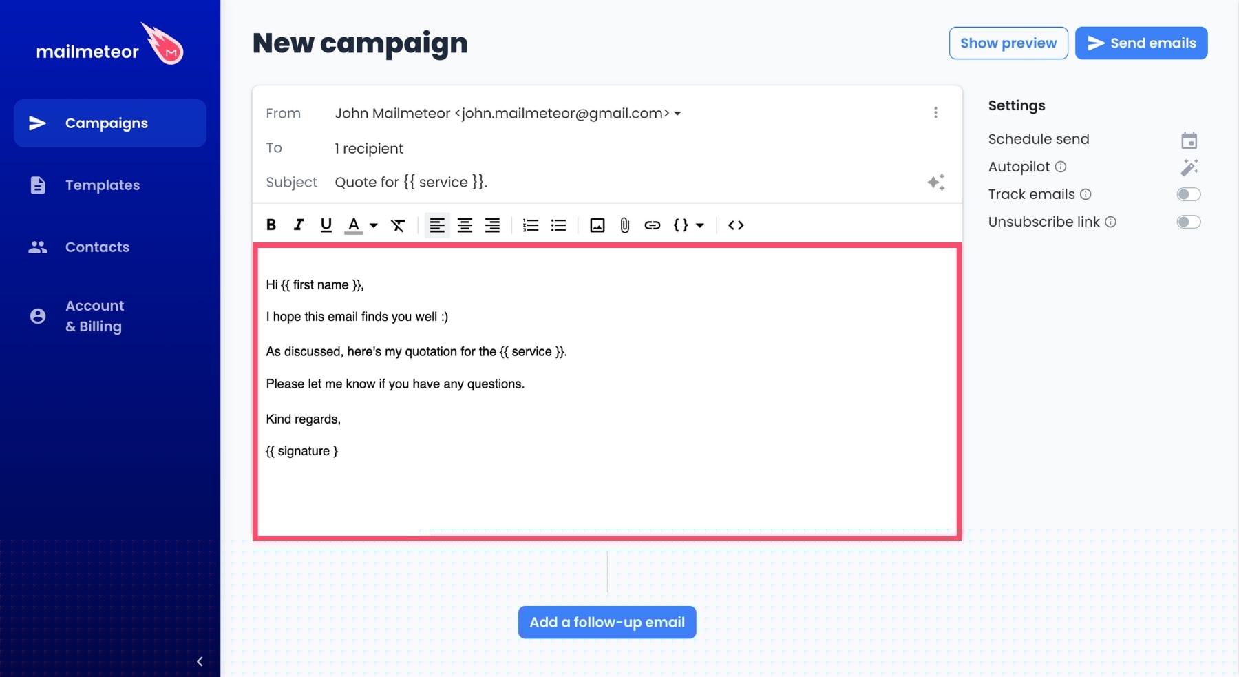 email quote to customer