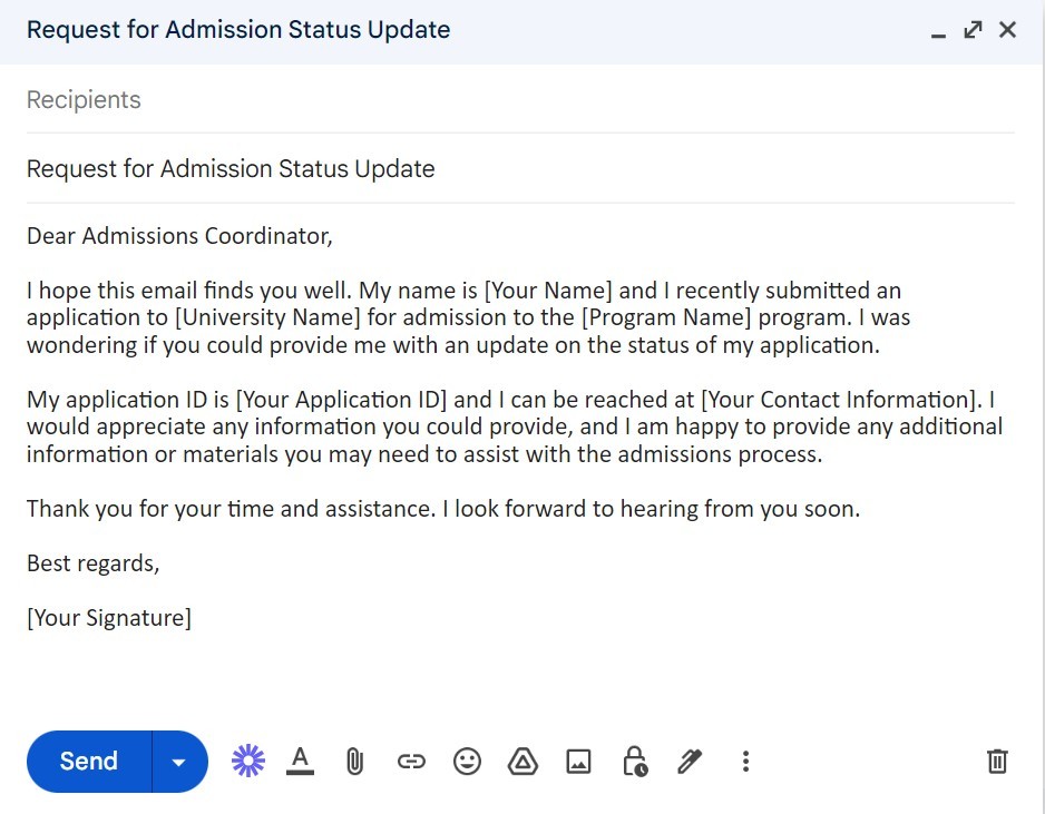 follow up email for university admission