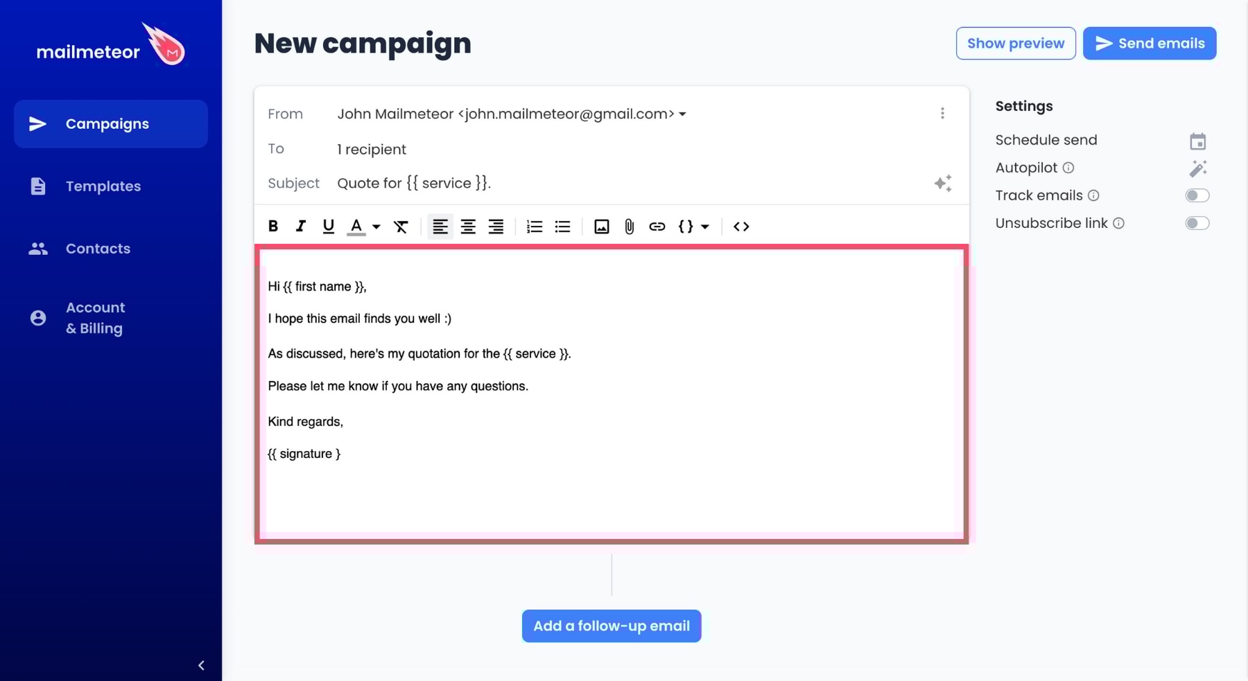 how to send quotation email