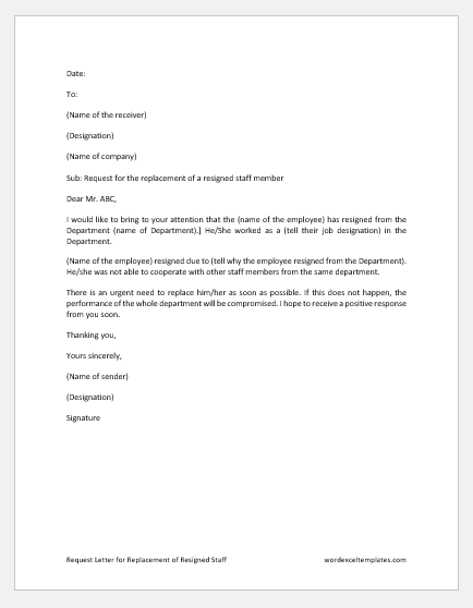 request letter for replacement of resigned staff