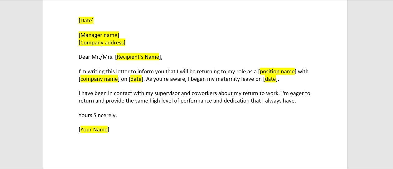 return to work after maternity leave email sample