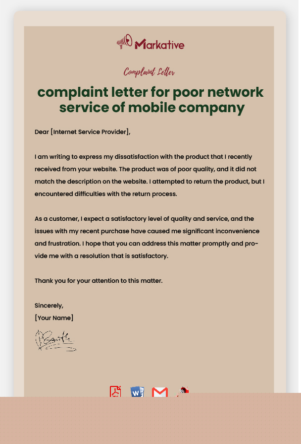 sample email for internet connection problem