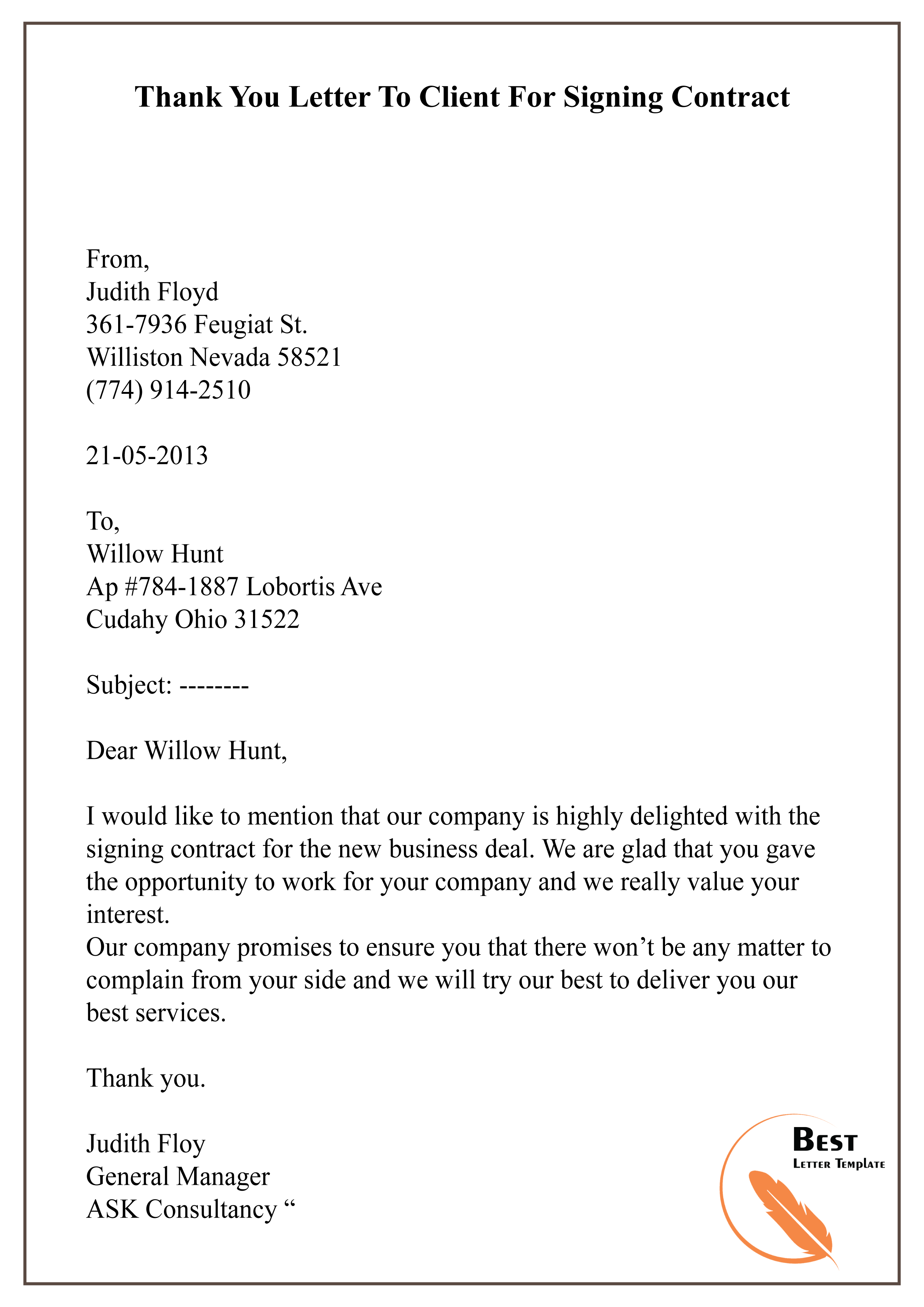 sample email sending signed contract