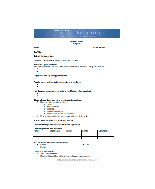 short handover note sample