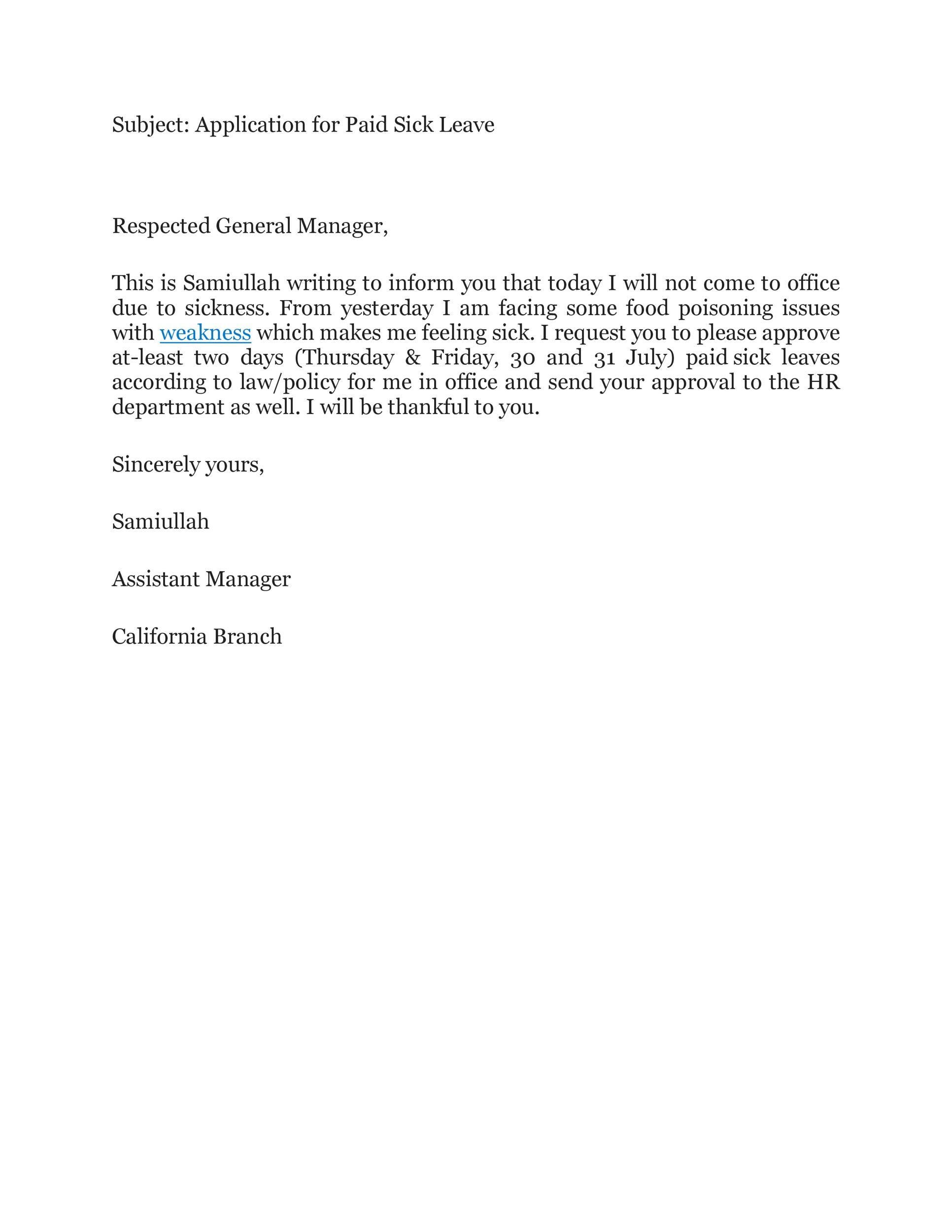 sick leave email to manager