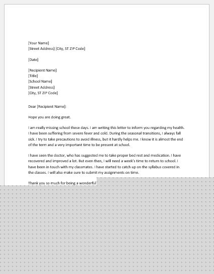 sick letter to teacher from parent