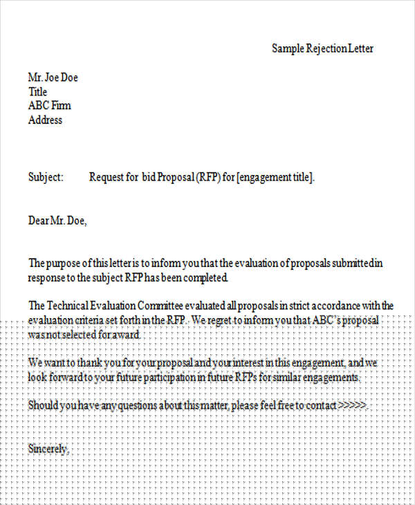 unsuccessful bidder letter sample