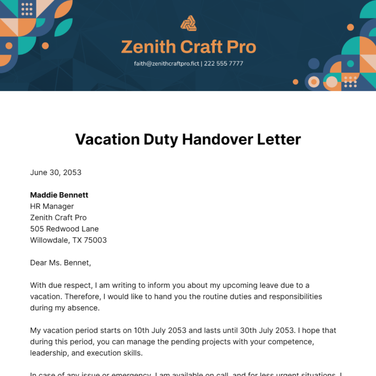 work handover email to colleagues during vacation